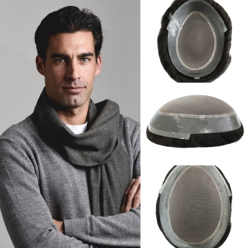 Mono PU| Mono Mesh Crown + PU| Men Toupee Breathable Wig Natural Hairline Human Hair System