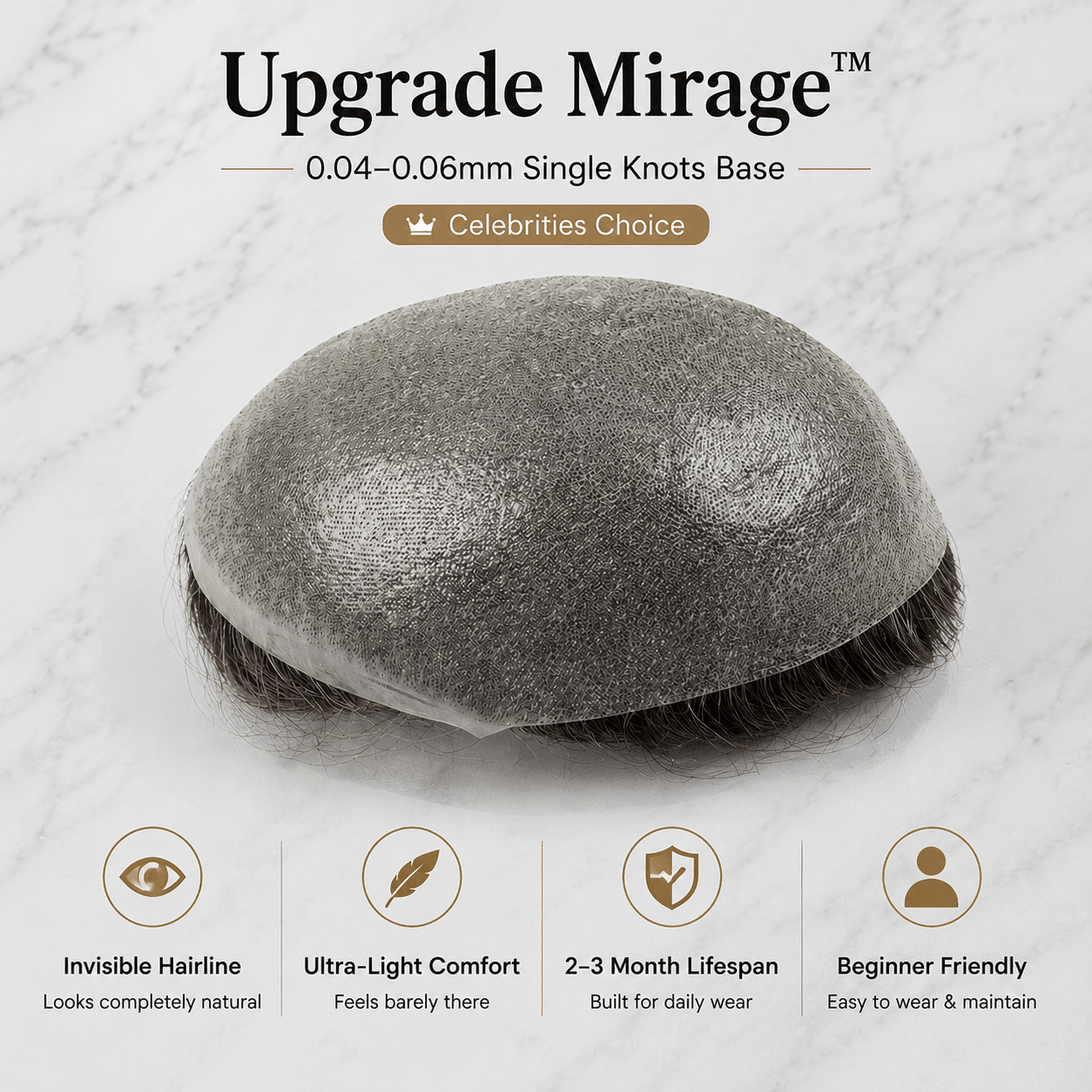 Upgrade Mirage |0.04-0.06mm Full Super Thin Skin Single Knots Base | Toupee for Men | Celebrities Choice