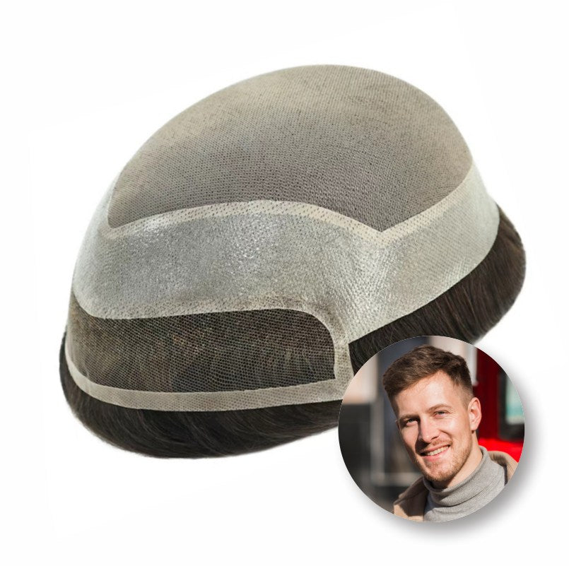 Mono Lace| French Lace + Mono Mesh Crown + PU| Men Toupee Breathable Lace Hairline Wig Natural Hairline Human Hair System Toupee