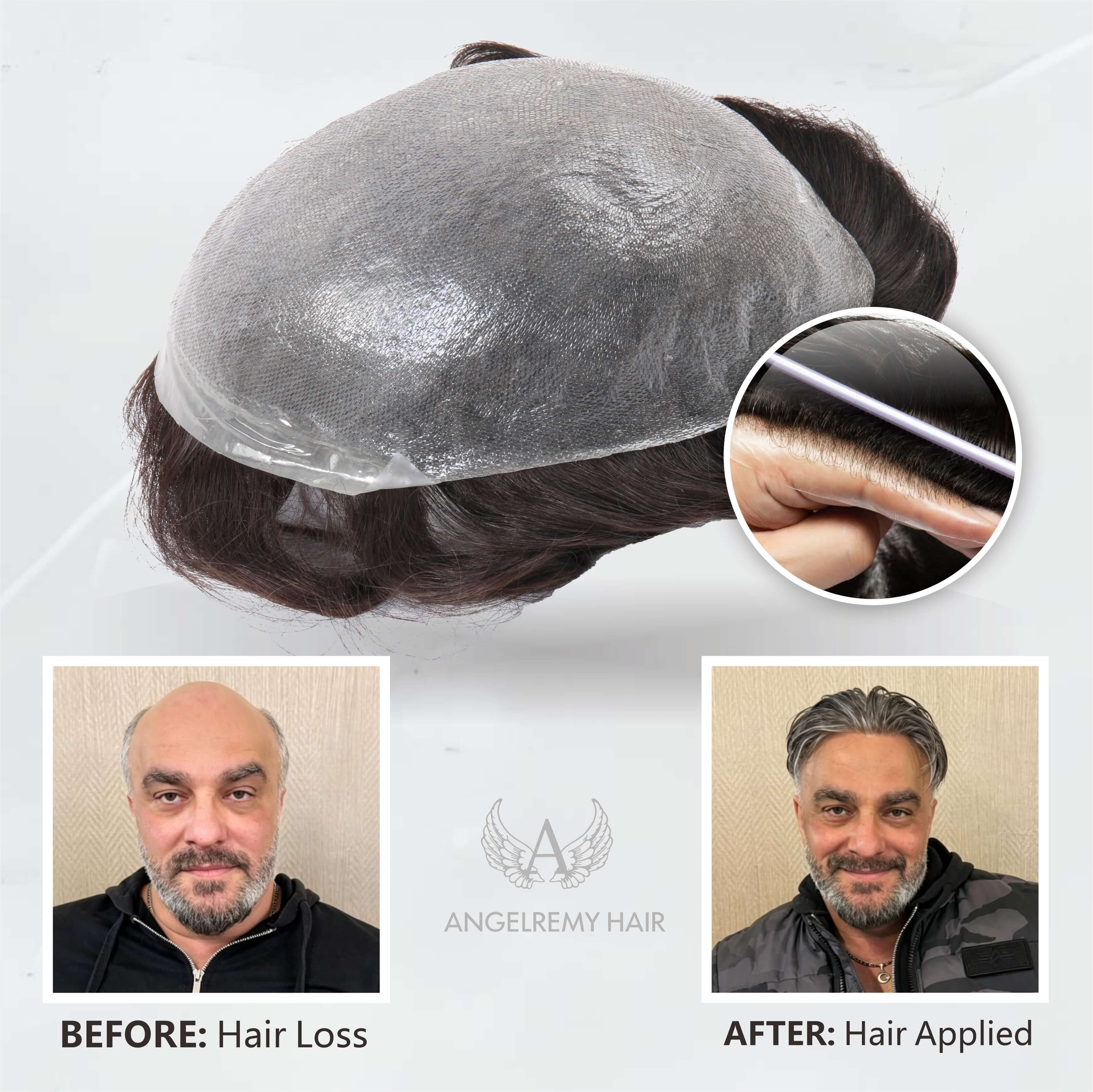 Herren-Haarsystem Ultradünne Haut | 0,03–0,04 mm V-Schleife | Mattes Finish, transparent, weich