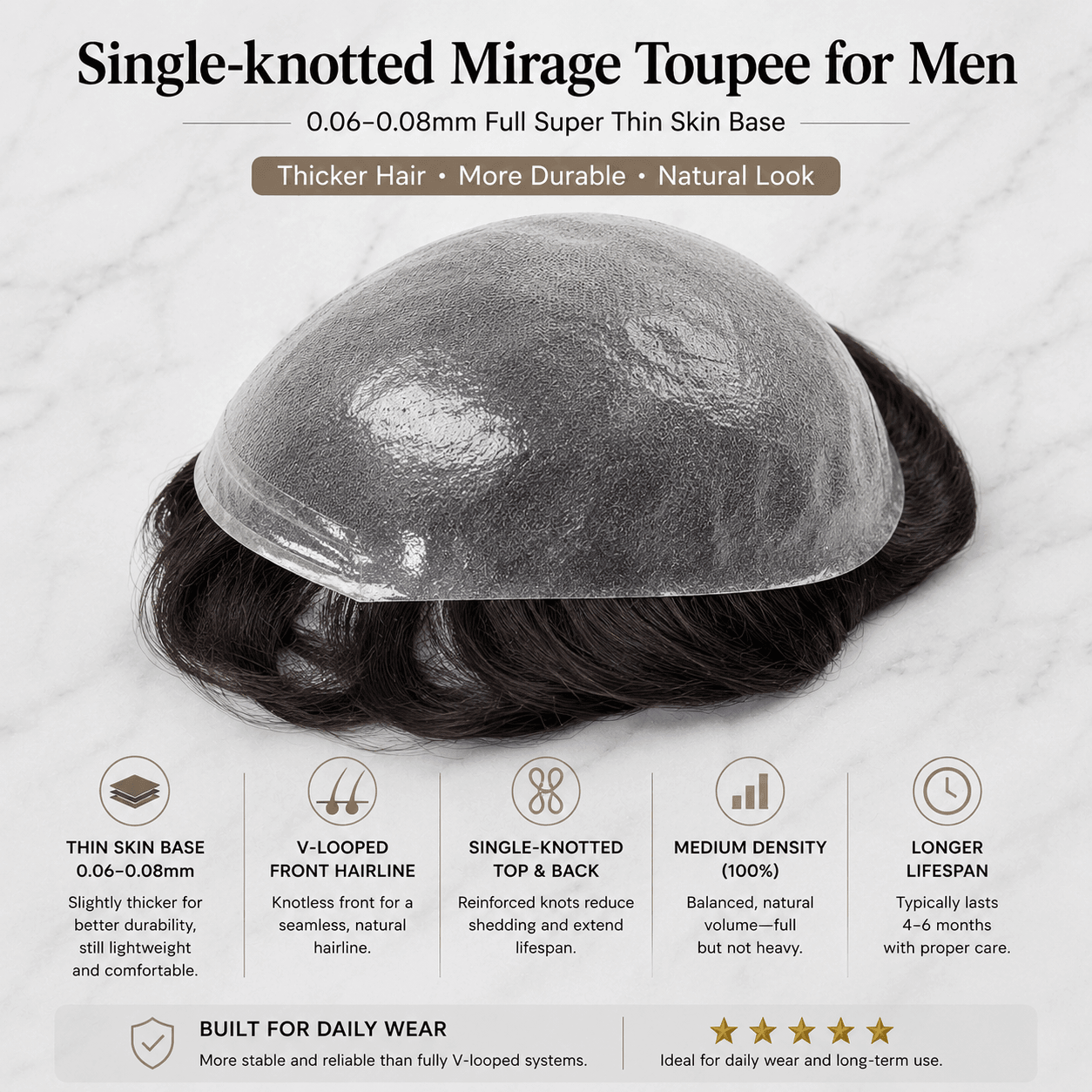 Single-knotted Mirage | Toupee for Men | 0.06-0.08mm Full Super Thin Skin Base | Thicker Hair and More Durable
