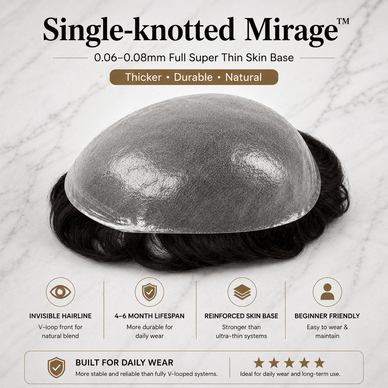Single-knotted Mirage | Toupee for Men | 0.06-0.08mm Full Super Thin Skin Base | Thicker Hair and More Durable