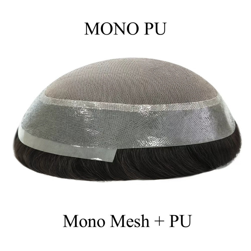 Mono PU| Mono Mesh Crown + PU| Men Toupee Breathable Wig Natural Hairline Human Hair System
