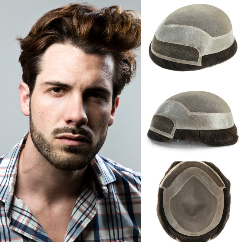 Mono Lace| French Lace + Mono Mesh Crown + PU| Men Toupee Breathable Lace Hairline Wig Natural Hairline Human Hair System Toupee