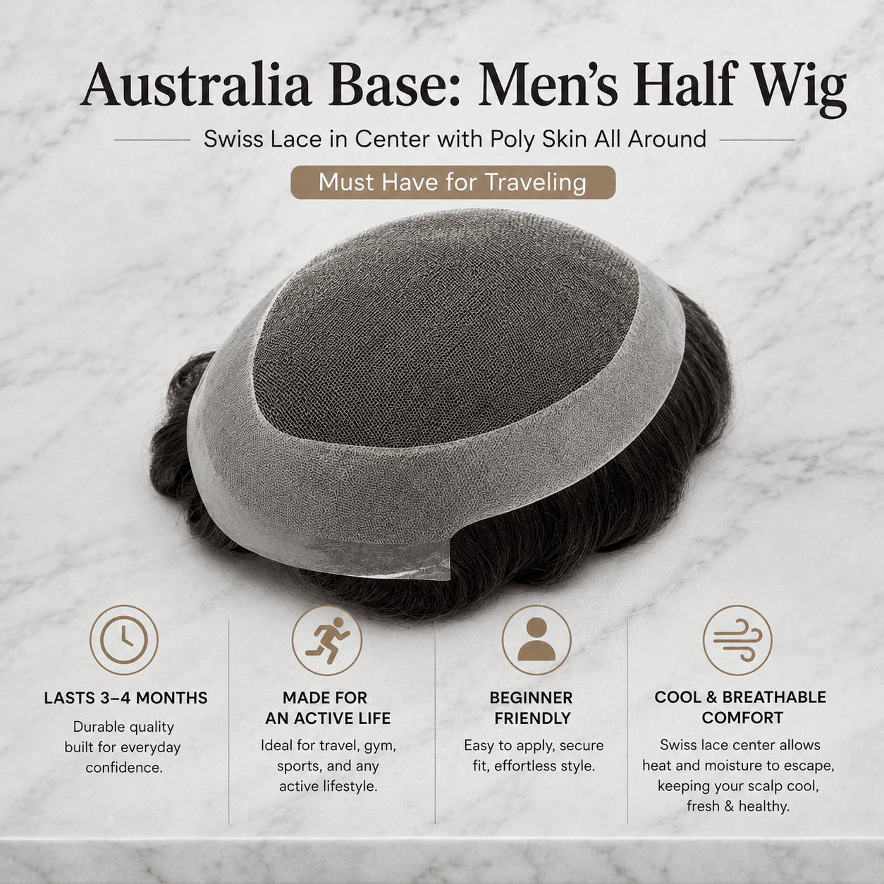 Australia Base: Men's Half Wig | Swiss Lace in Center with Poly skin All Around | Must Have for Traveling