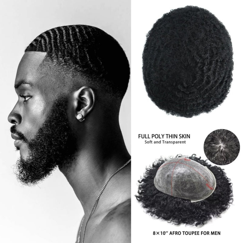 Afro Curly |0.1-0.12mm Durable Full Skin Base | Toupee for Men | Afro Style Hair System|130% Density| Size 8''x10''