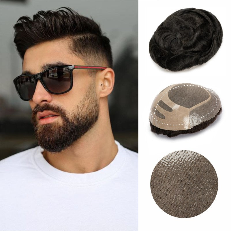 Fine Mono Hairpiece for Men With NPU Gauze Crown & Perimeter and Skin Front