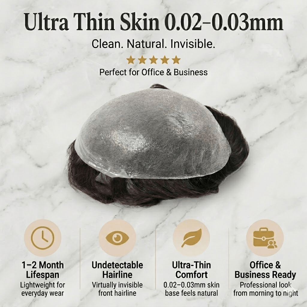 Ultra Thin|0.02-0.03mm V Loop | Mens Hair System Ultra Thin Skin| Full V-loop, Natural, Transparent, Soft