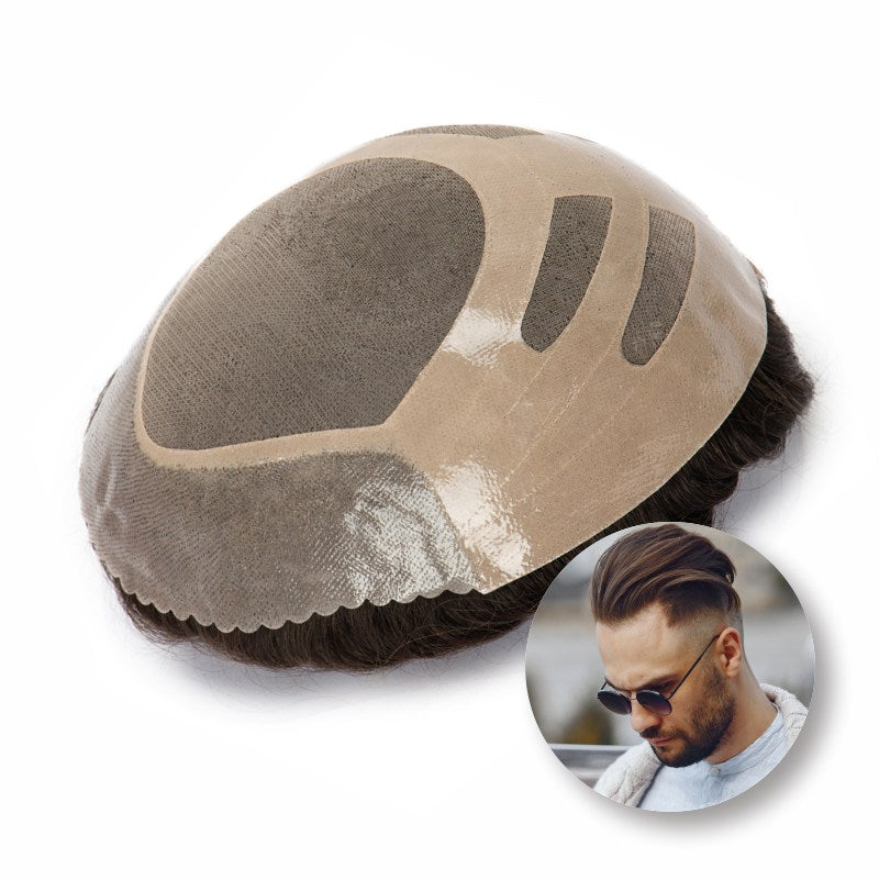 Fine Mono Hairpiece for Men With NPU Gauze Crown & Perimeter and Skin Front