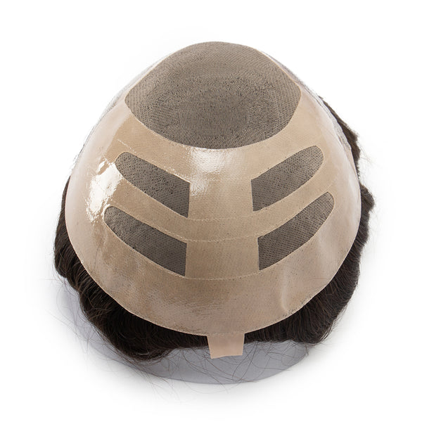 Fine Mono Hairpiece for Men With NPU Gauze Perimeter and Skin Front